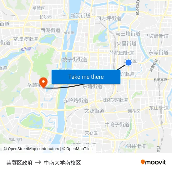 芙蓉区政府 to 中南大学南校区 map