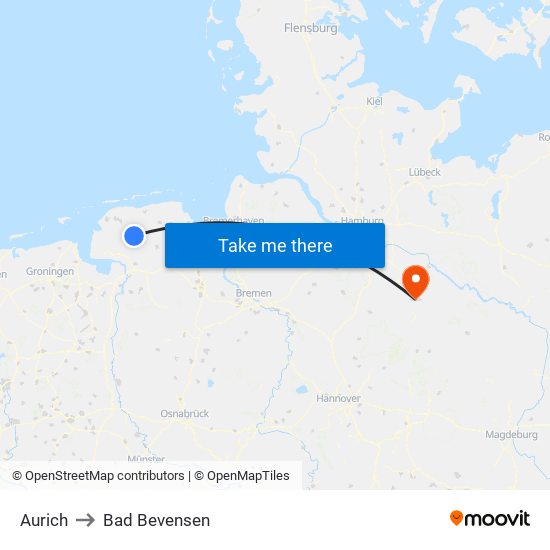 Aurich to Bad Bevensen map
