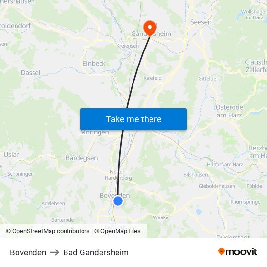 Bovenden to Bad Gandersheim map