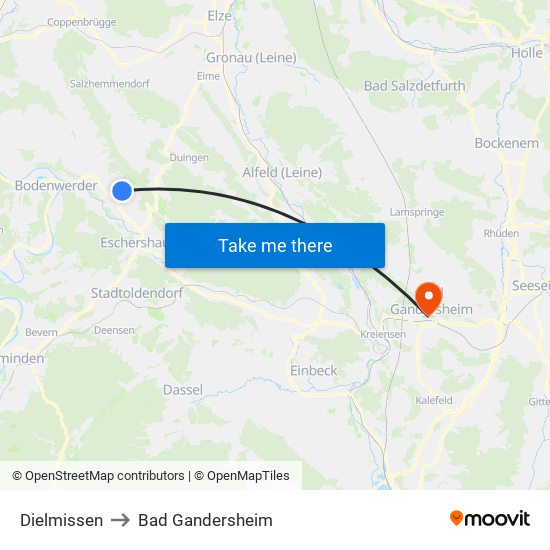 Dielmissen to Bad Gandersheim map