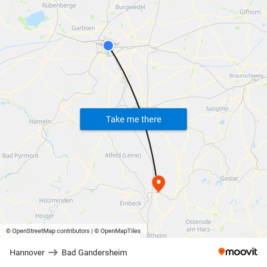 Hannover to Bad Gandersheim map