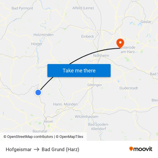 Hofgeismar to Bad Grund (Harz) map