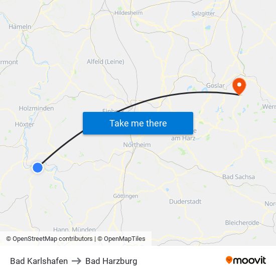 Bad Karlshafen to Bad Harzburg map