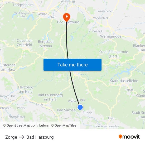 Zorge to Bad Harzburg map