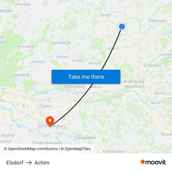 Elsdorf to Achim map