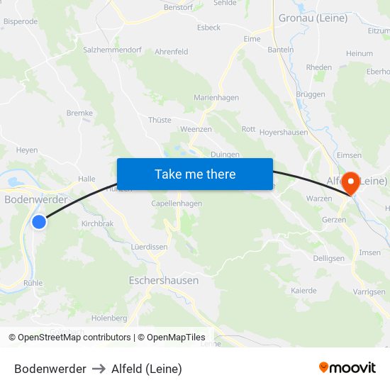 Bodenwerder to Alfeld (Leine) map