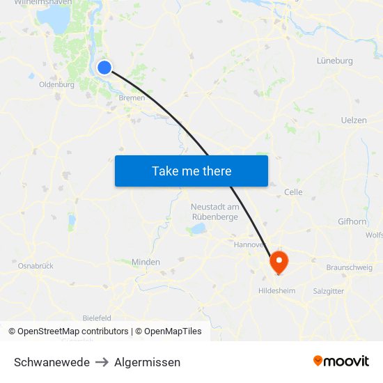 Schwanewede to Algermissen map