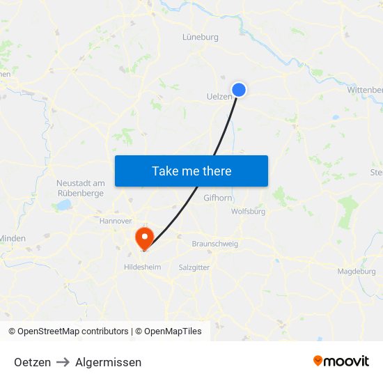 Oetzen to Algermissen map