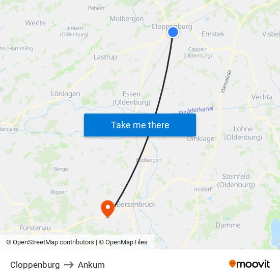 Cloppenburg to Ankum map