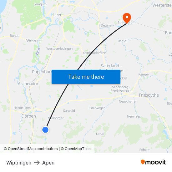 Wippingen to Apen map