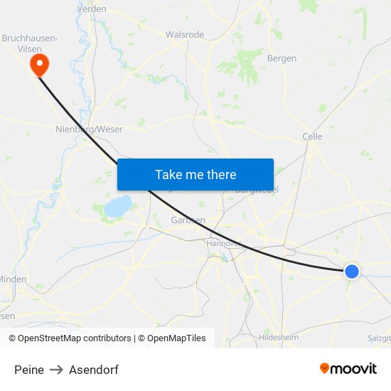 Peine to Asendorf map
