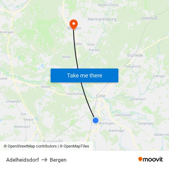 Adelheidsdorf to Bergen map