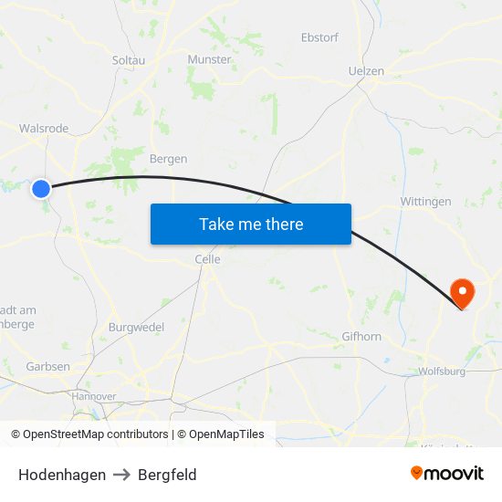 Hodenhagen to Bergfeld map