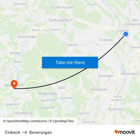 Einbeck to Beverungen map