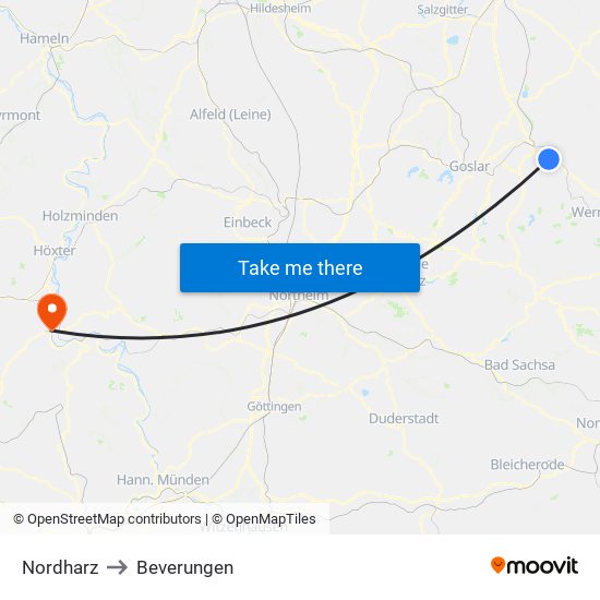 Nordharz to Beverungen map