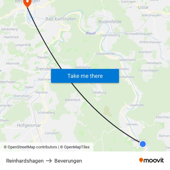 Reinhardshagen to Beverungen map