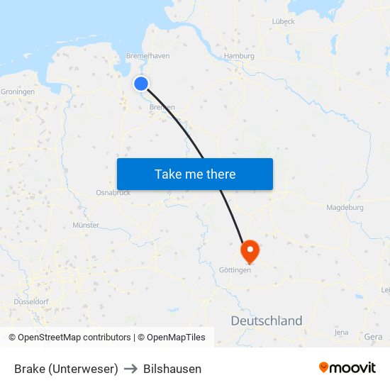 Brake (Unterweser) to Bilshausen map