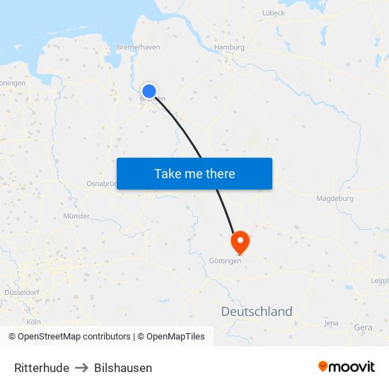 Ritterhude to Bilshausen map