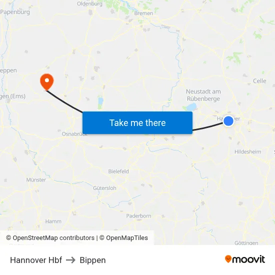 Hannover Hbf to Bippen map