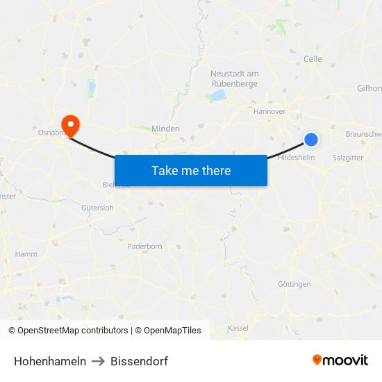 Hohenhameln to Bissendorf map