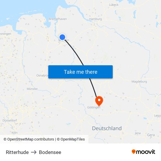 Ritterhude to Bodensee map