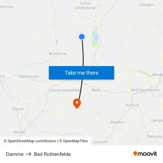 Damme to Bad Rothenfelde map
