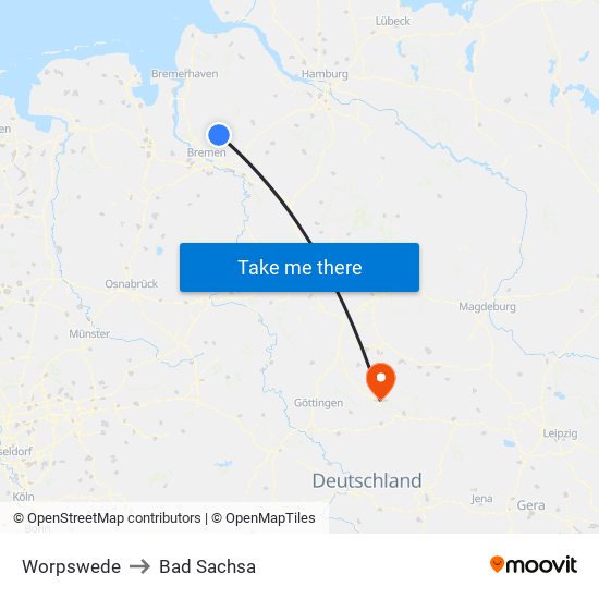 Worpswede to Bad Sachsa map