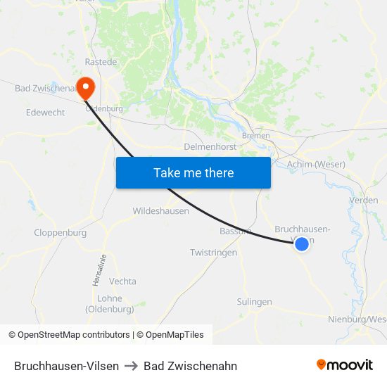 Bruchhausen-Vilsen to Bad Zwischenahn map