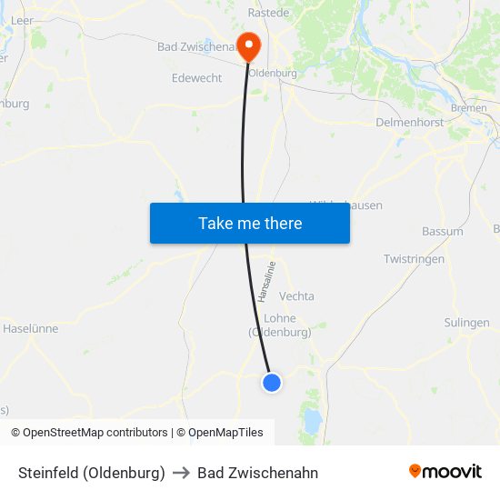 Steinfeld (Oldenburg) to Bad Zwischenahn map