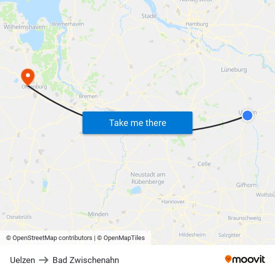 Uelzen to Bad Zwischenahn map