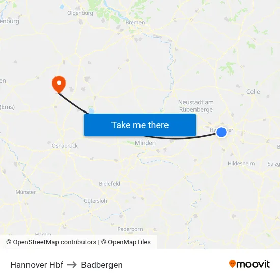 Hannover Hbf to Badbergen map