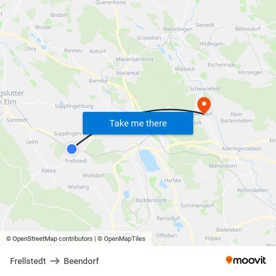 Frellstedt to Beendorf map