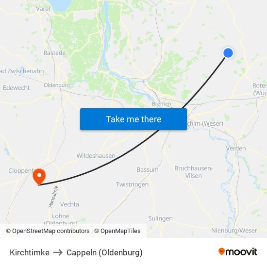 Kirchtimke to Cappeln (Oldenburg) map