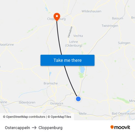 Ostercappeln to Cloppenburg map