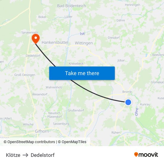 Klötze to Dedelstorf map