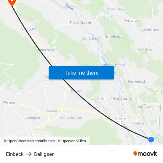 Einbeck to Delligsen map