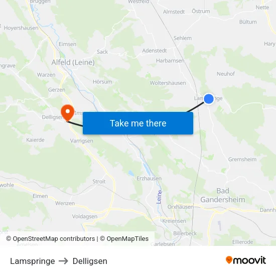 Lamspringe to Delligsen map