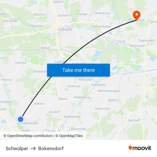 Schwülper to Bokensdorf map