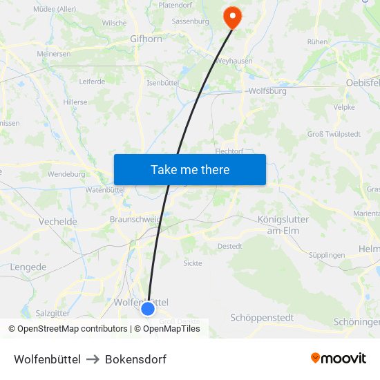 Wolfenbüttel to Bokensdorf map