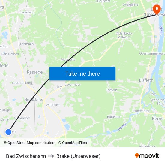 Bad Zwischenahn to Brake (Unterweser) map