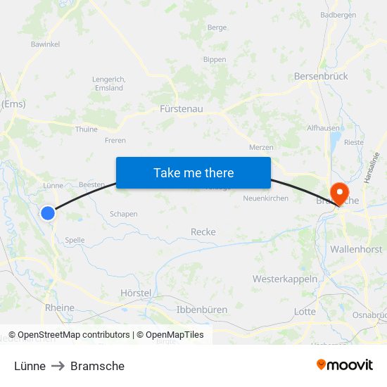 Lünne to Bramsche map