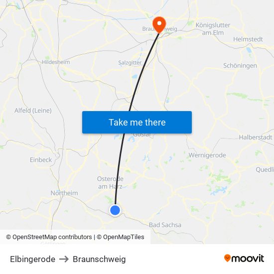 Elbingerode to Braunschweig map