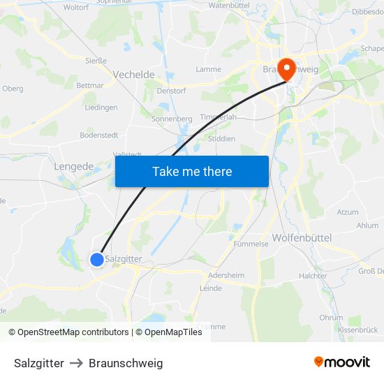 Salzgitter to Braunschweig map