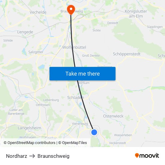 Nordharz to Braunschweig map