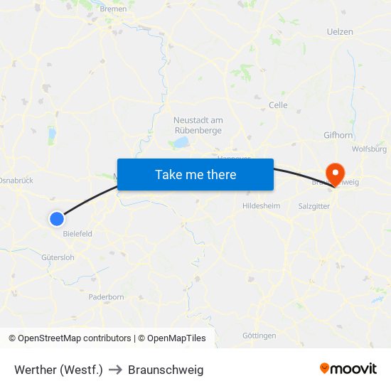 Werther (Westf.) to Braunschweig map