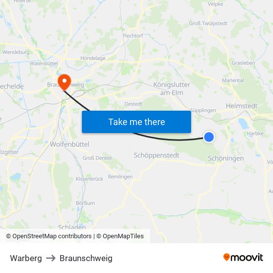 Warberg to Braunschweig map