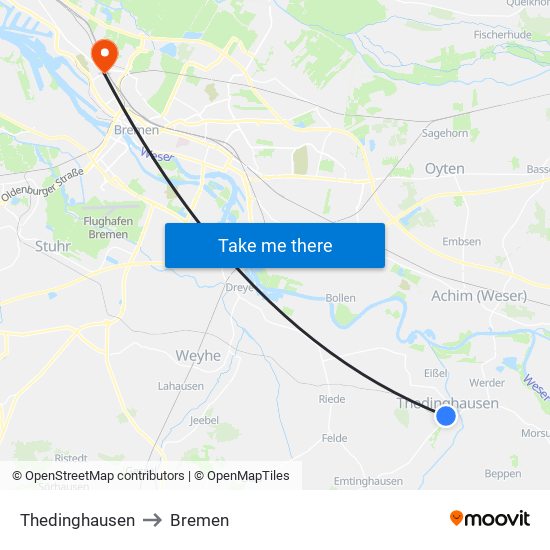 Thedinghausen to Bremen map