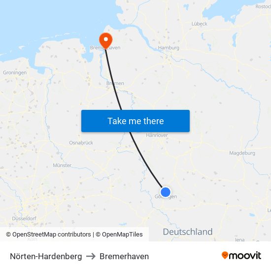 Nörten-Hardenberg to Bremerhaven map