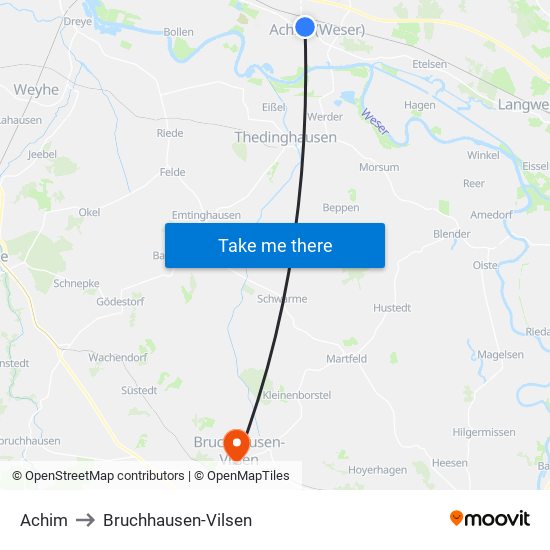 Achim to Bruchhausen-Vilsen map