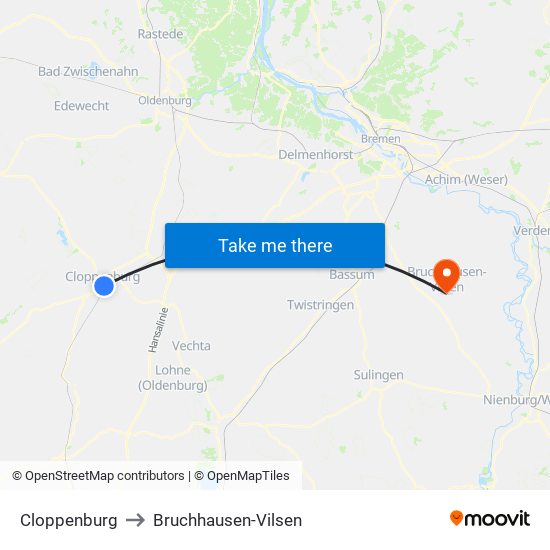 Cloppenburg to Bruchhausen-Vilsen map
